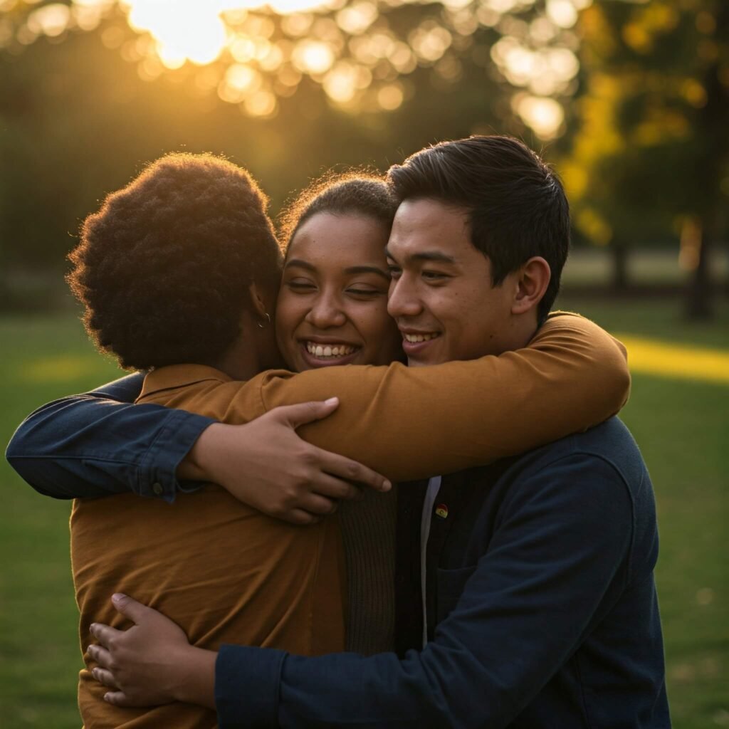 Inclusive Hug: Friends Embrace Pride & Joy