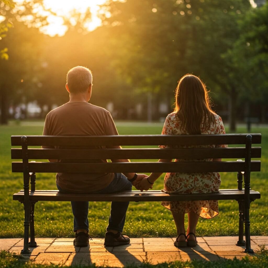 LGBTQ+ Couple on Park Bench: Connected & Serene