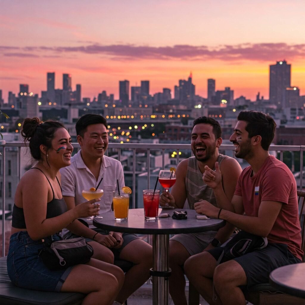 LGBTQ+ Travelers Laughing at Rooftop Bar