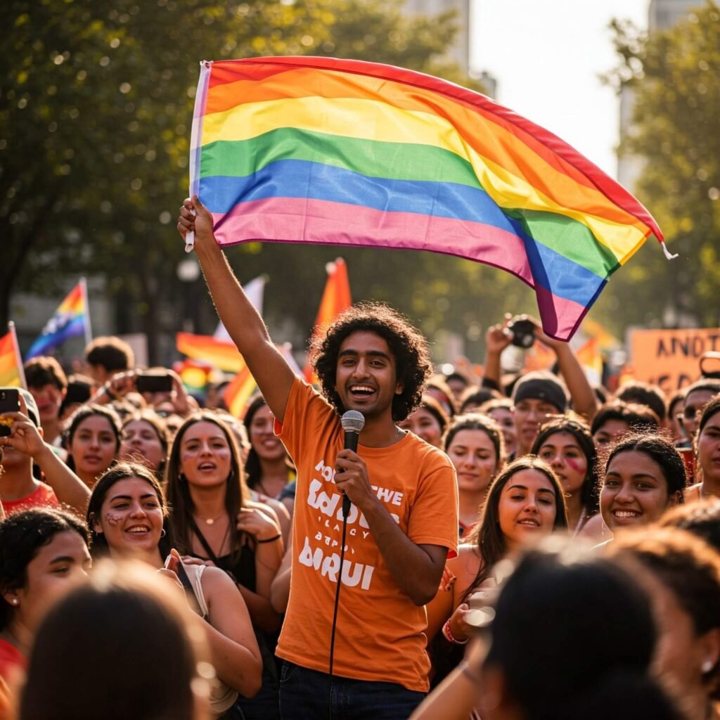 Inspiring Pride Rally Speaker with Rainbow Flag