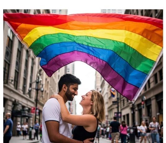 LGBTQ+ Dating 101: How to Navigate the Dating World with Confidence LGBTQ+ Couple with Rainbow Flag in City - Pride Celebration