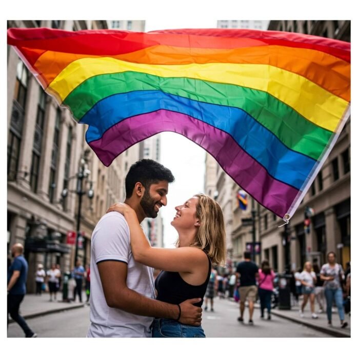 LGBTQ+ Couple with Rainbow Flag in City - Pride Celebration LGBTQ+ Couple with Rainbow Flag in City - Pride Celebration