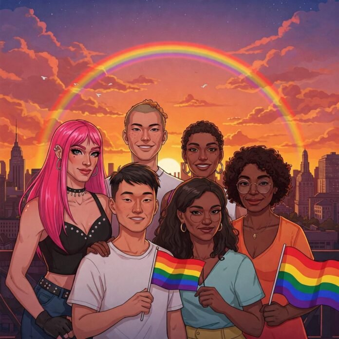 Diverse LGBTQ+ Unity: Rainbow Cityscape