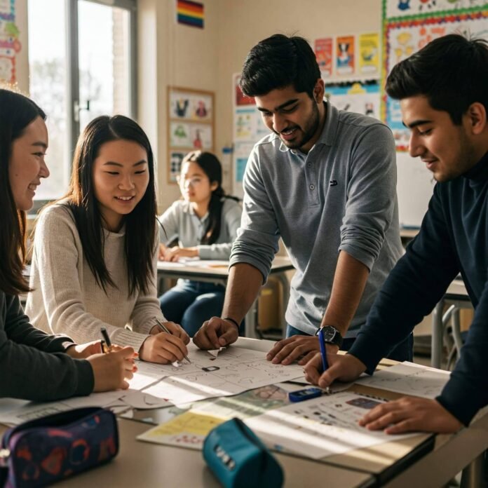 Vibrant Classroom: Students Collaborate with Rainbow Flag