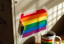 LGBTQ+ Inclusive Classroom: 10 Practical Tips for Teachers to Foster Diversity Blurry desk with peeling pride flag and pronoun sticky notes