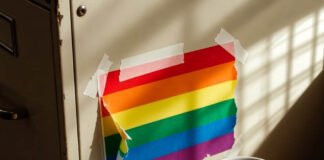 LGBTQ+ Inclusive Classroom: 10 Practical Tips for Teachers to Foster Diversity Blurry desk with peeling pride flag and pronoun sticky notes